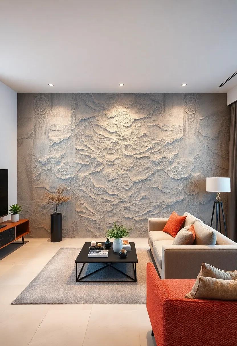 Sculptured Relief Textured Wallpaper Creating Dramatic Visual Interest Through 3D Effects in Modern Apartment Living Rooms