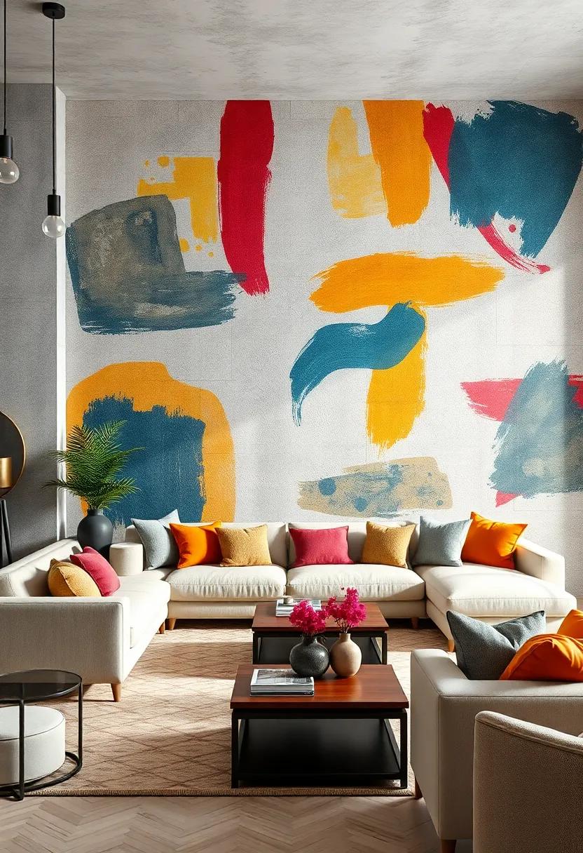 Abstract Artistic Textured Wallpaper Featuring Brushstroke Illusions and Color Play for Dynamic Apartment Living Rooms