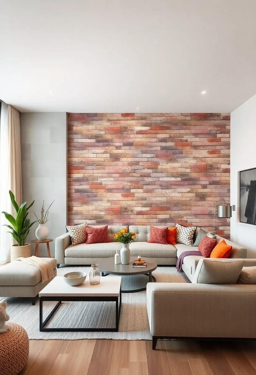 Rustic Brick-Effect Textured Wallpaper Bringing Industrial Urban Vibes and Raw Character to Minimalist Apartment Living Rooms