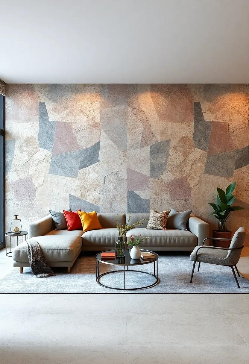 Hand-Painted Mural-Style Textured Wallpapers Adding Custom Artistic Flair and Personal Spirit to Urban Apartment Living Rooms