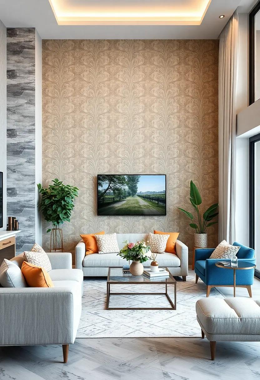 Classic Damask Textured Wallpapers Elevating Apartment Living Rooms With Timeless Patterns and Intricate Details