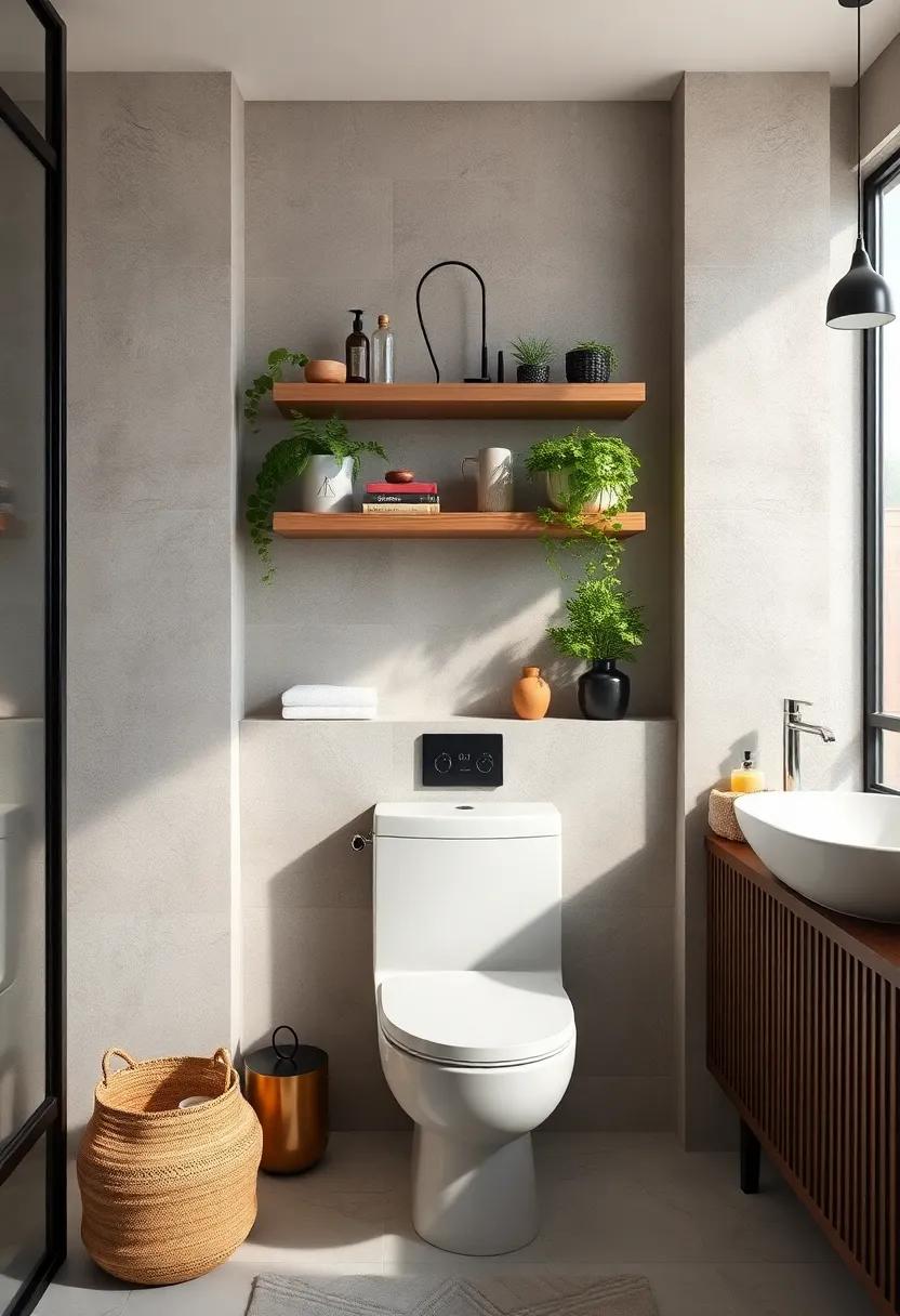 Elevate Your Bathroom Style With Floating Shelves And Greenery Above The Toilet