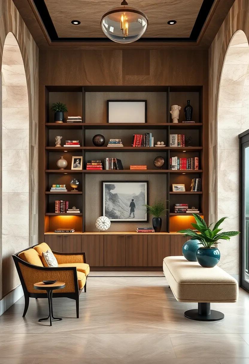 Luxury Entryway Shelving Styled With Timeless Collectibles and Rare Books for a Cultured Welcome