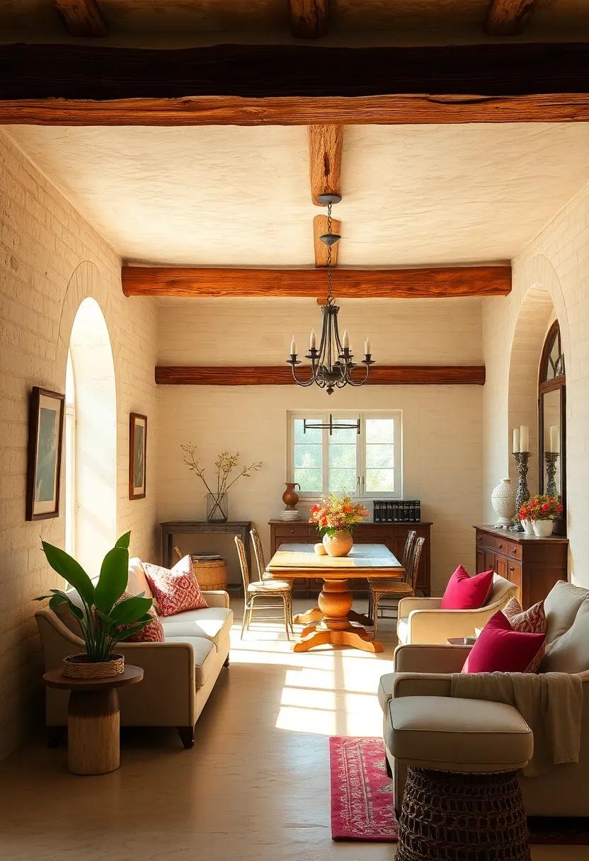 Rustic Wooden Beams Framing a Cozy French Country Dining Room Bathed in Warm Natural Light
