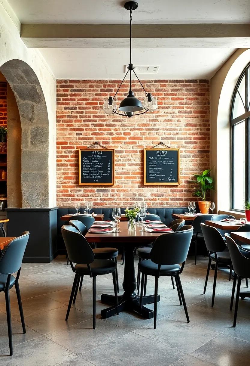 Chalkboard Menu Boards Highlighting Seasonal French Cuisine Against a Backdrop of Exposed Brick