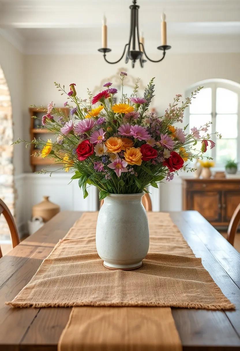 Freshly Picked Wildflowers Overflowing in a Weathered Ceramic Vase Amidst Burlap Table Runners