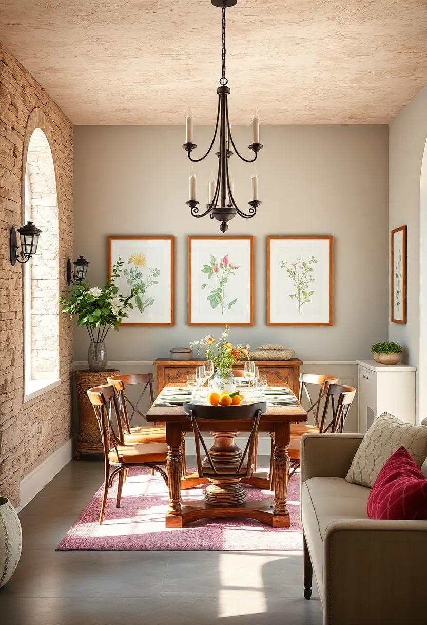 Sun-Drenched Walls Adorned With Framed Botanical Prints and Rustic Iron Candle Sconces