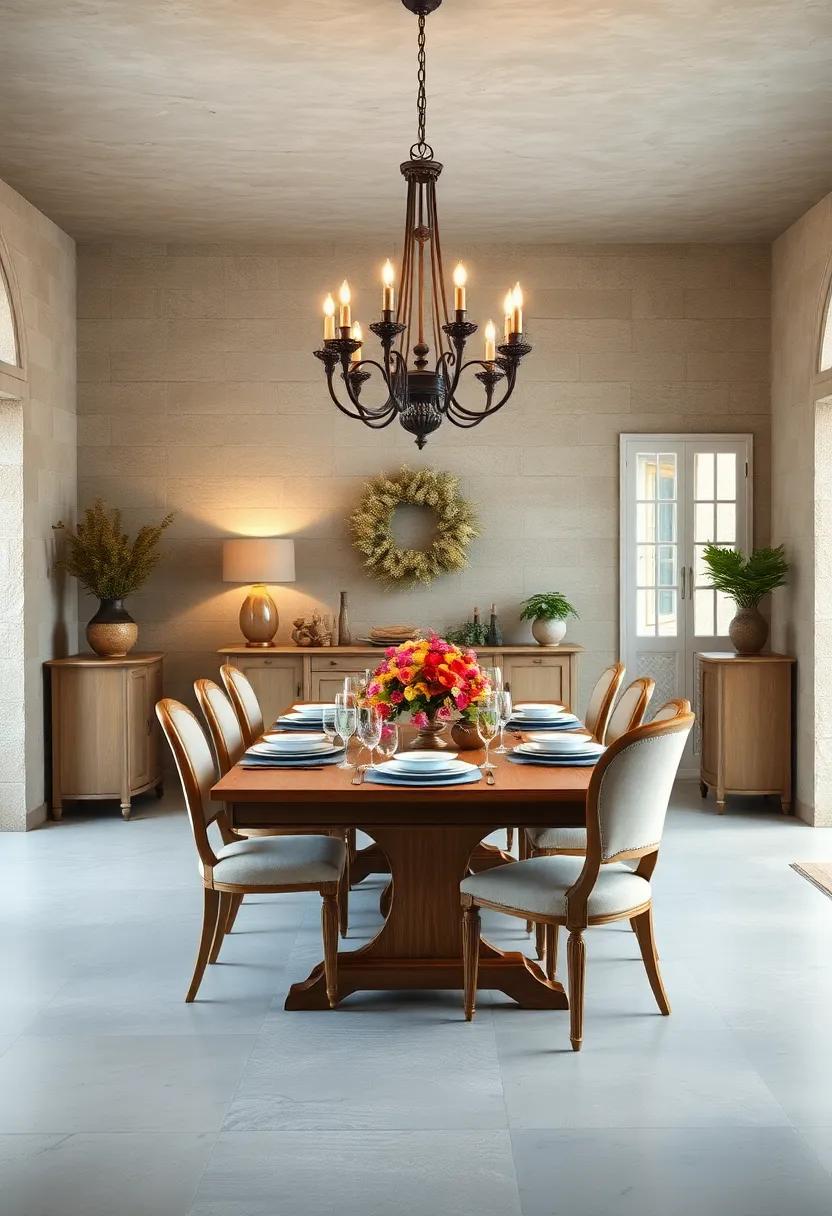 Antique Chandelier Casting Soft Glows Over a Lavish Vintage Oak Dining Table Set for a Festive Meal