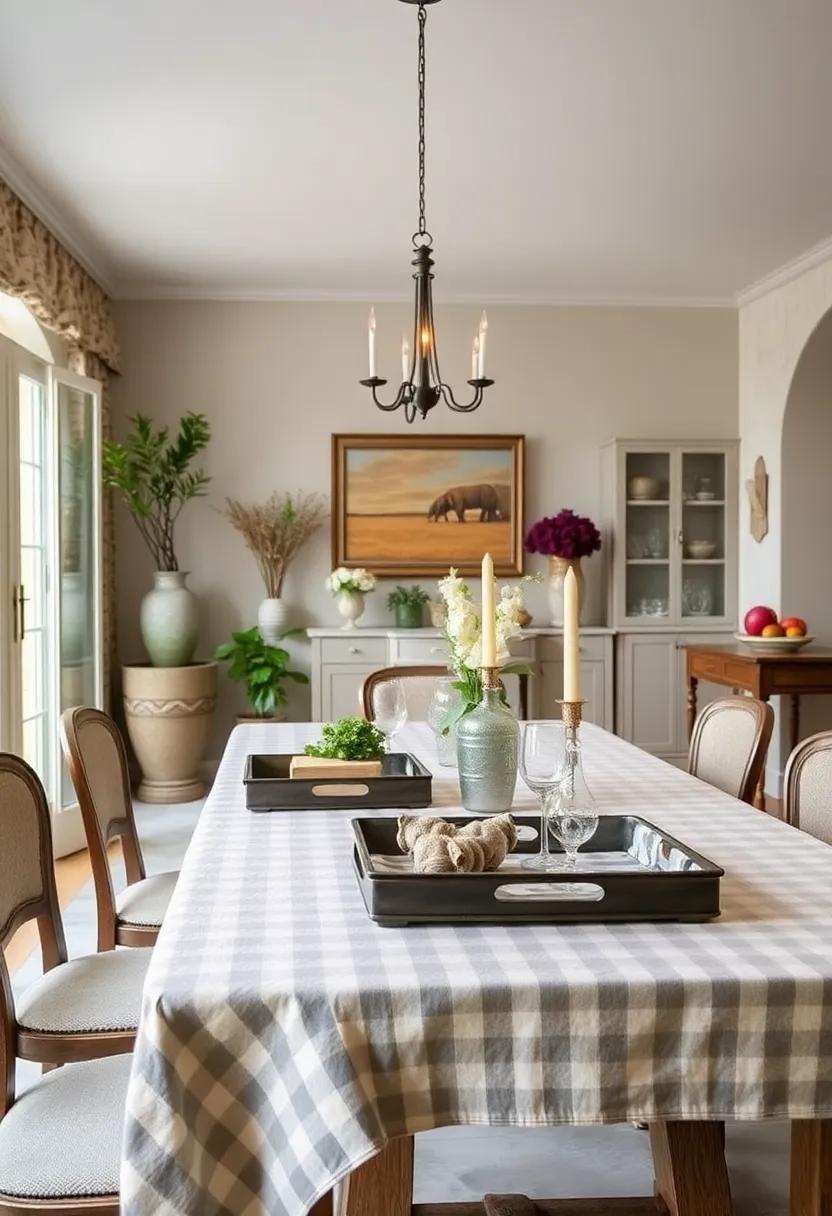 Subtle Checkered Tablecloths and Rustic Metal Serving Trays Providing a Layered Textural Contrast