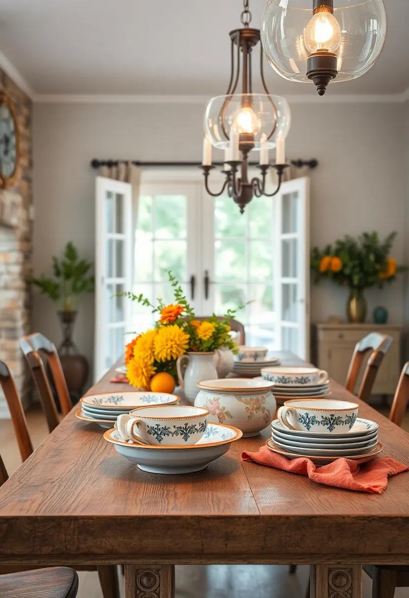 Hand-Painted Earthenware Bowls and Plates Artistically Arranged on a Distressed Farmhouse Table