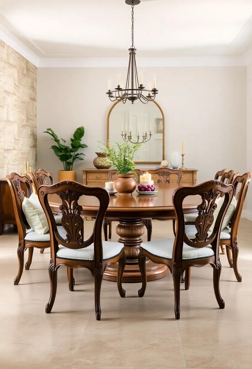 Handcrafted Wooden Chairs with Distinctive Carvings and Linen Cushions Arrayed Around an Oval Table