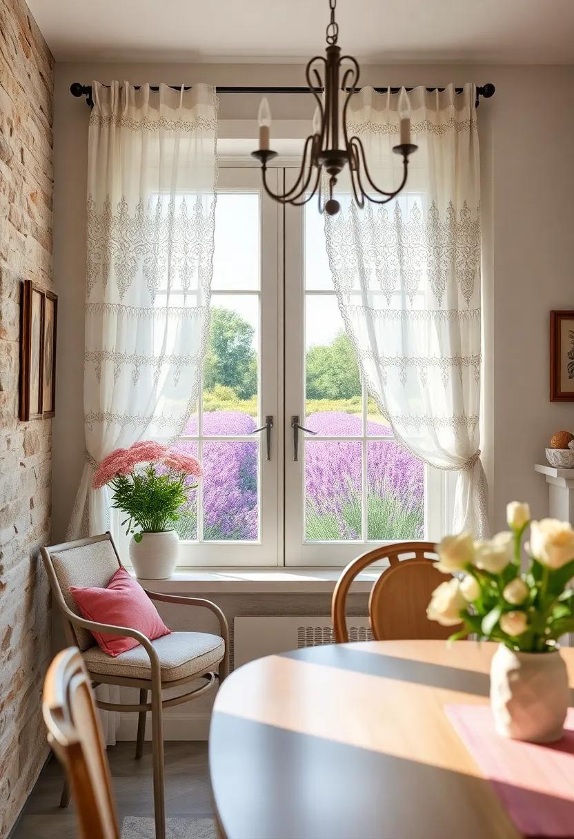 Delicate Lace Curtains Gently Fluttering in a Breezy Window Overlooking a Lavender Filled Garden