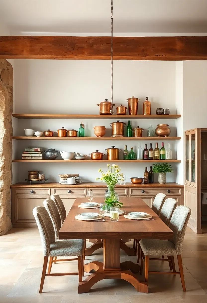 Open Shelving Displaying Curated Collections of Copper Pots, Enamelware, and Vintage Glass Bottles