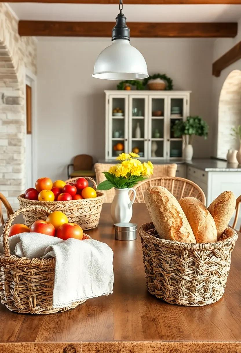 Natural Woven Baskets Holding Freshly Harvested Fruits and Loaves of Crusty Artisan Bread