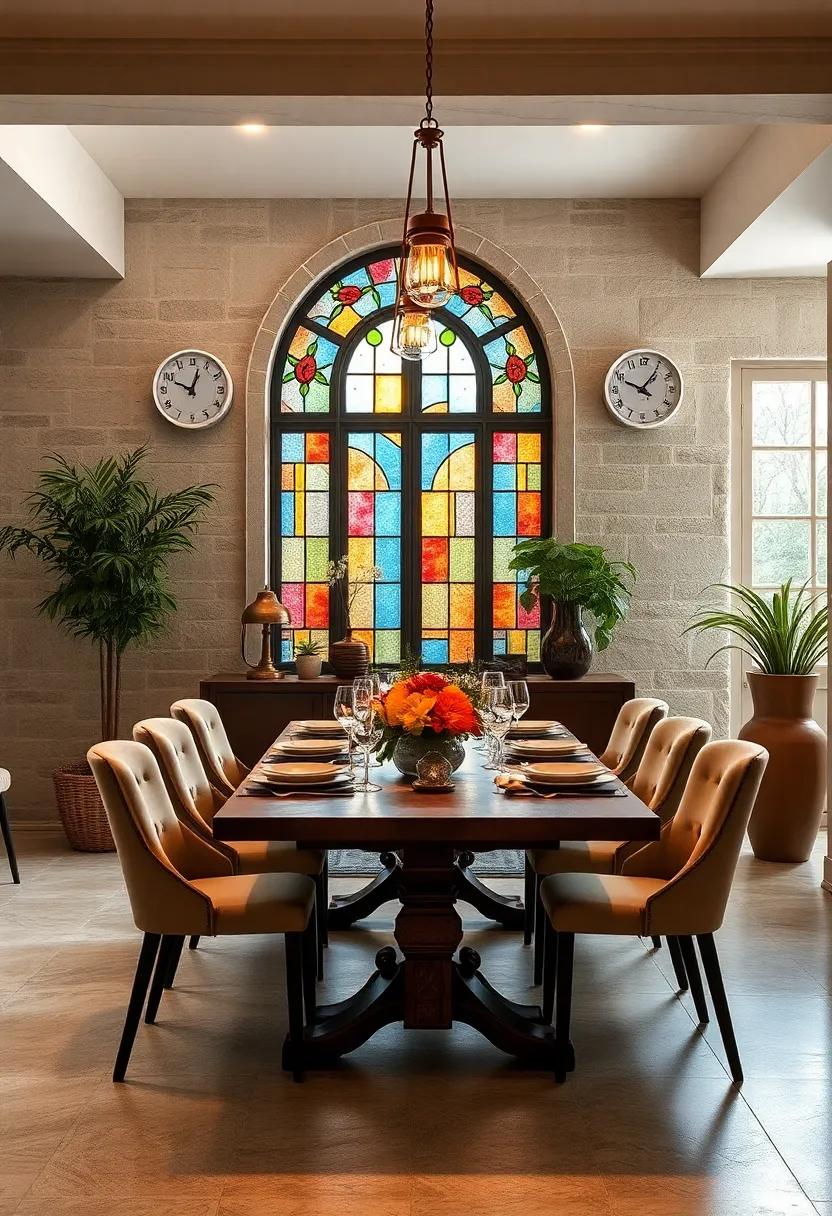 A Stained Glass Panel Casting Colorful Reflections Over a Table Set for Cozy Evening Gatherings