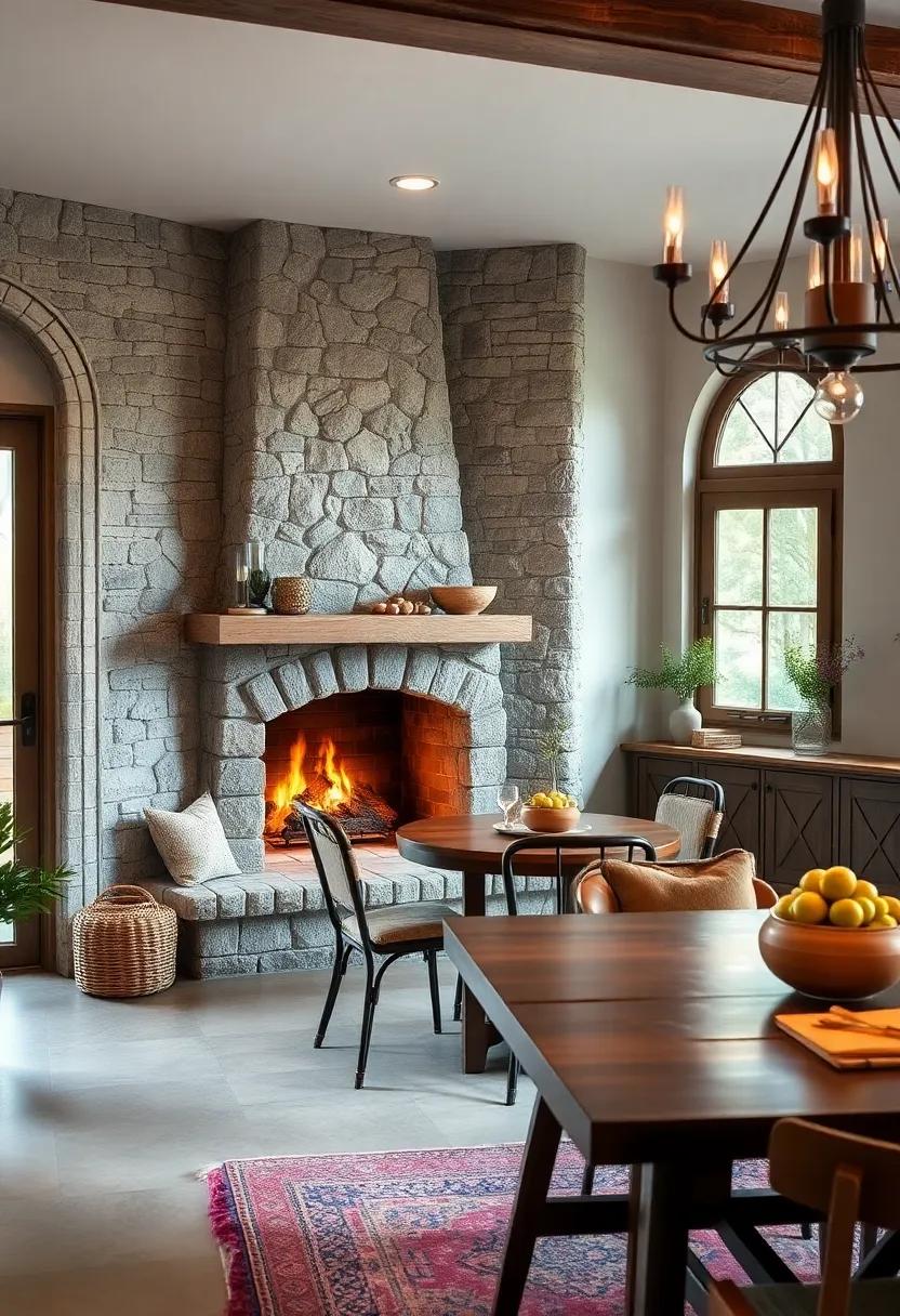 A Corner Fireplace Crafted From Rough Stone Emitting a Cozy Glow Near a Comfortable Dining Set