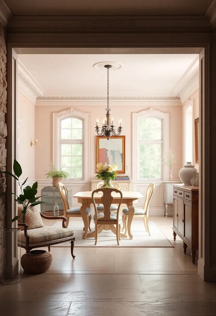 Soft Muted Pastel Paint Colors Complementing Ornate Moldings and Classic French Country Furniture