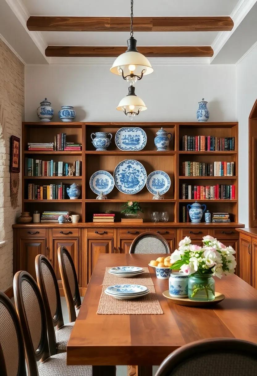 Classic Blue and White Porcelain Accents Nestled Among Rough-Hewn Wooden Shelves Full of Cookbooks