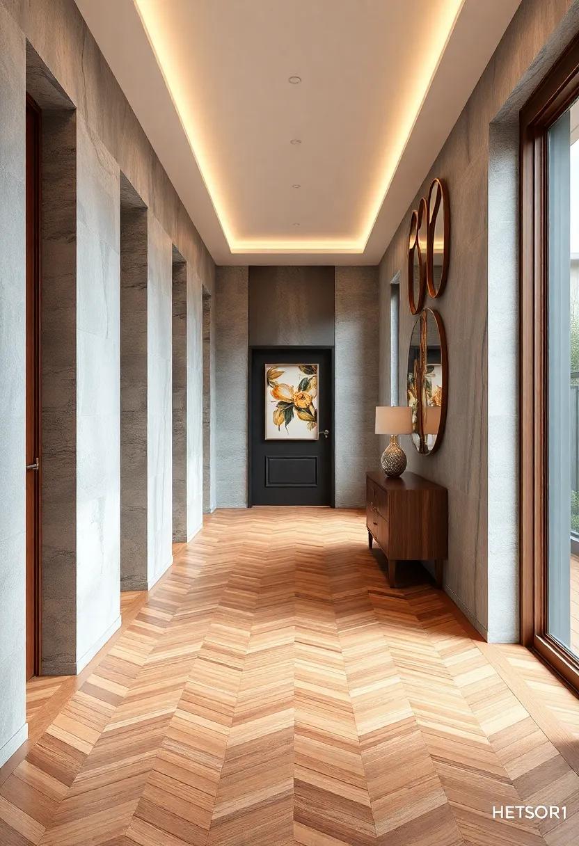 Bold Artistic Wall Panels and Elegant Herringbone Flooring Harmonizing to Create a Dynamic Hallway Setting