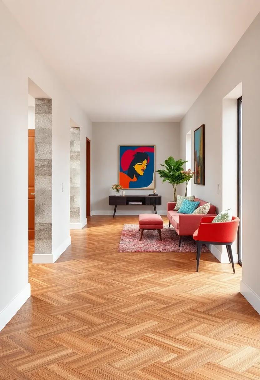An Eclectic Hallway Featuring Herringbone Wood Flooring Paired with Vibrant Artworks and Bold Furnishings