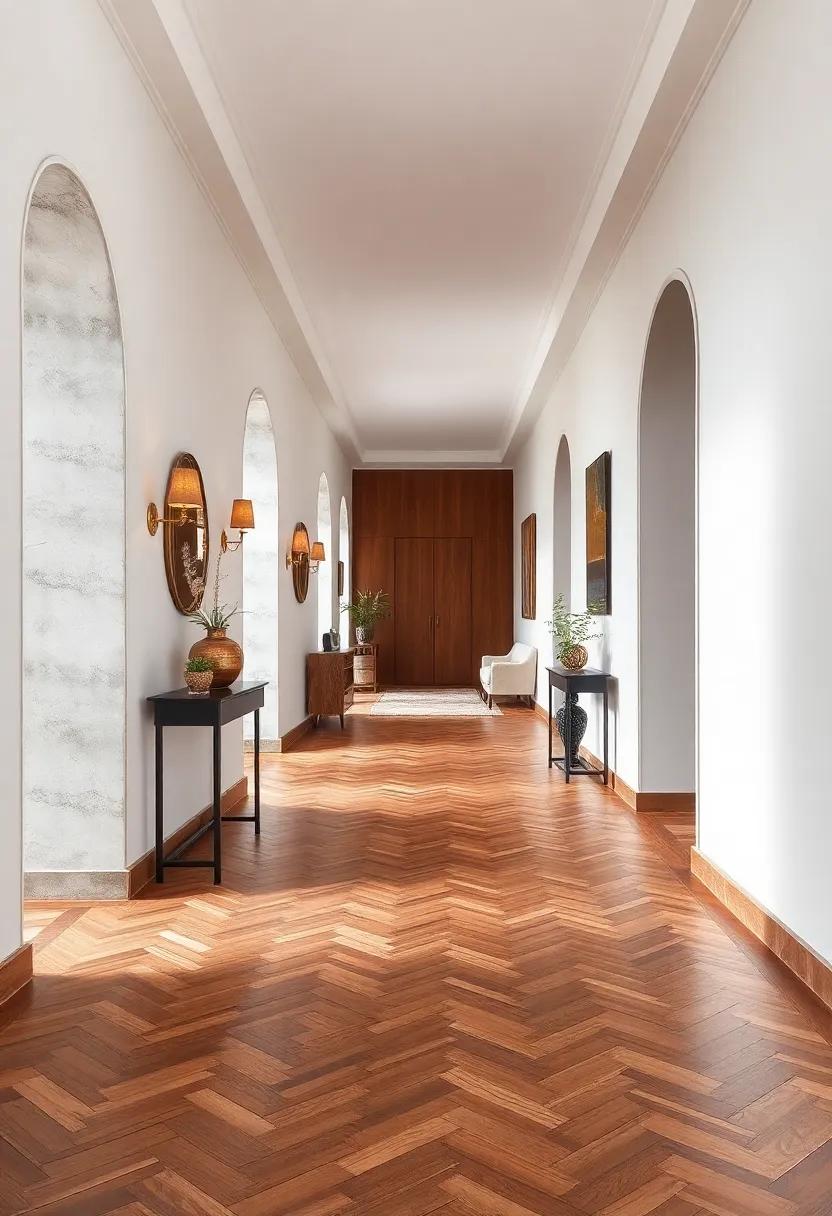 Elegant Hallways Brought to Life with Classic Herringbone Wood Floor Patterns Reflecting Sophistication and Warmth