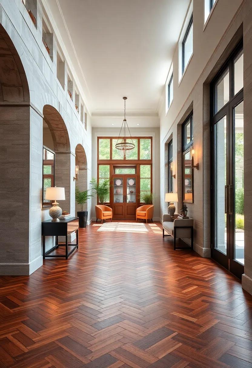 Elegant Entryway with High Ceilings Reflecting off the Polished Surface of Meticulously Laid Herringbone Floors