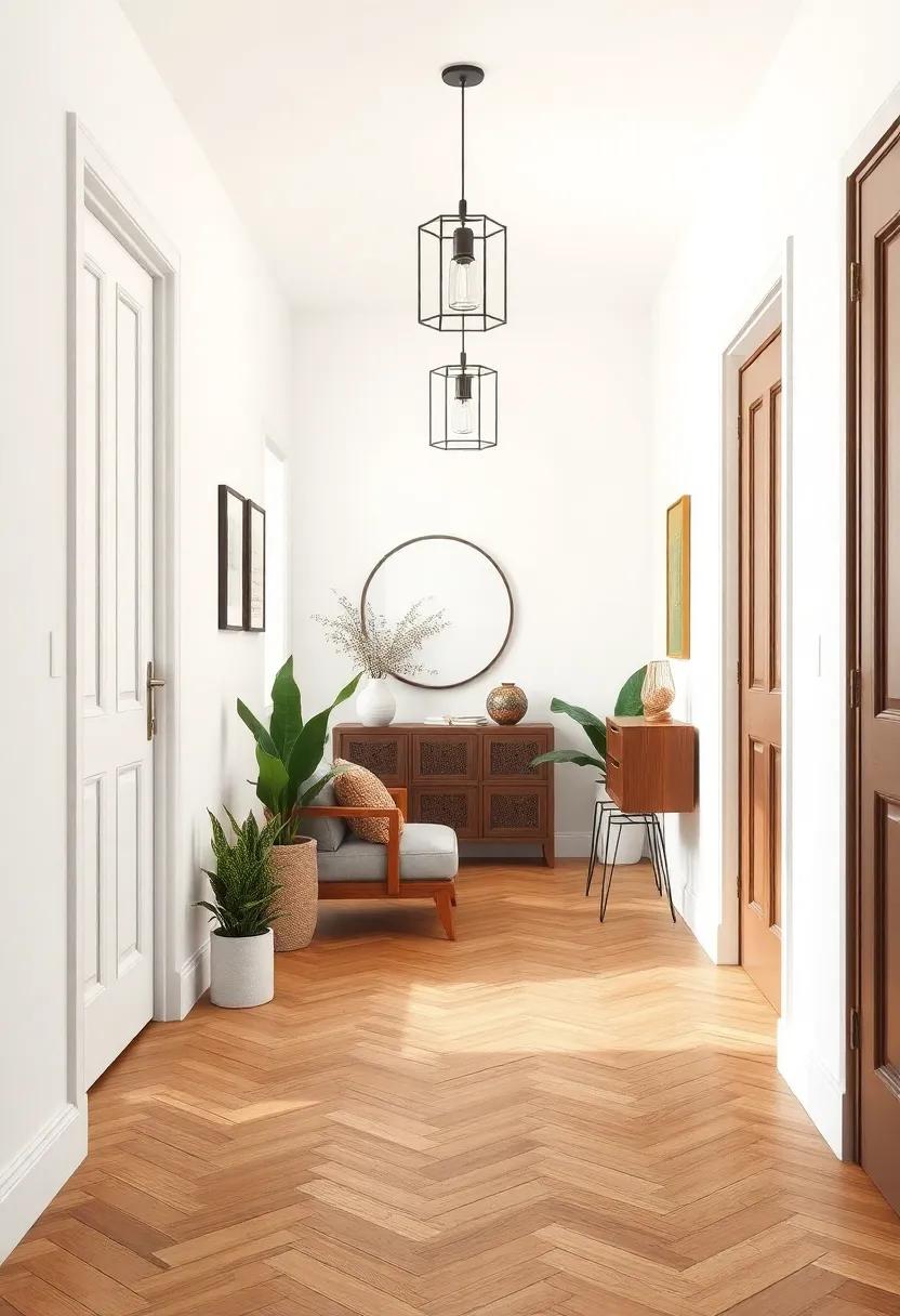 Fresh and Inviting Hallway Scene Combining Scandinavian Style Simplicity with the Timeless Pattern of Herringbone Wood Flooring