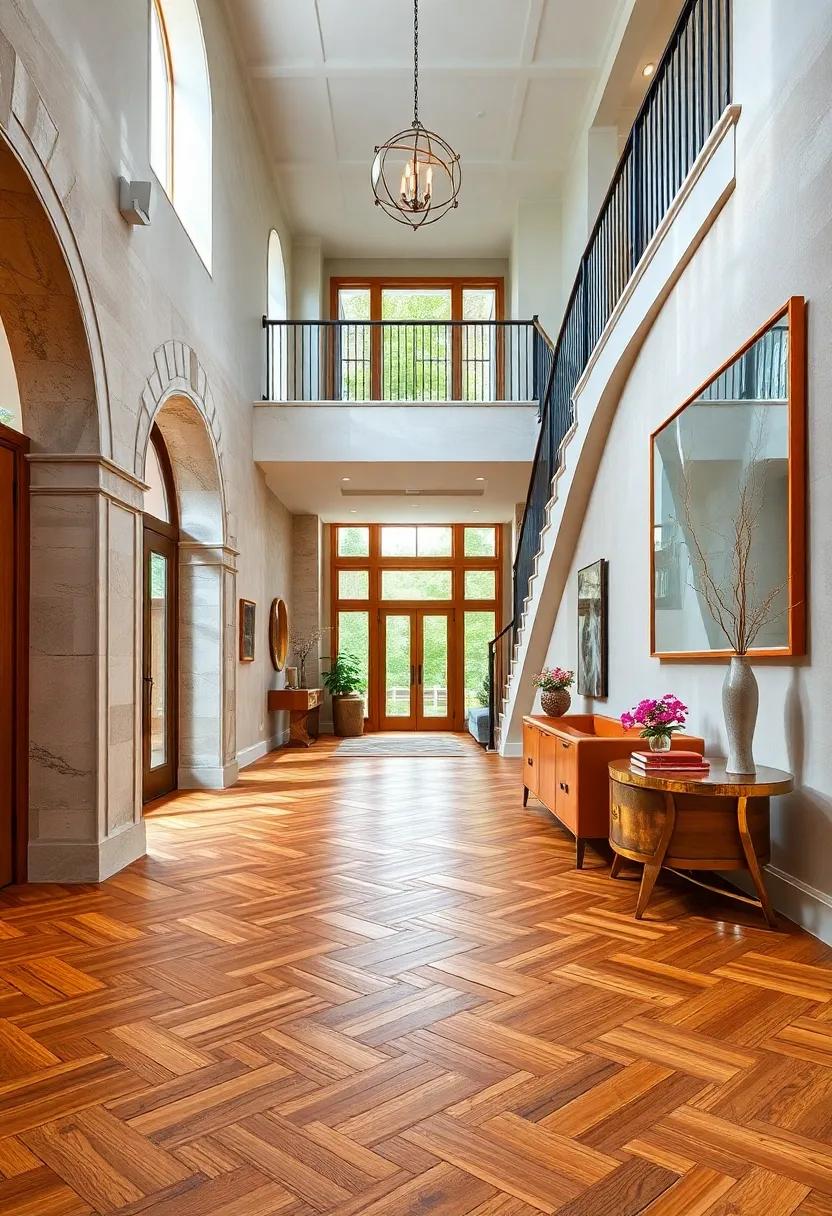 A Grand Staircase Wrapped in Herringbone Wood Flooring Extending Elegance Throughout a Spacious Hallway