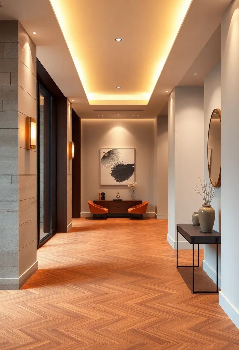 A Luxurious Hallway Featuring Herringbone Floors Paired With Minimalist Wall Decor and Ambient Lighting