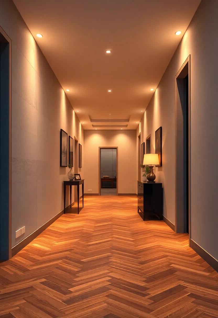 Quiet Evening Hallway Glowing Under Warm Recessed Lighting that Highlights the Classic Beauty of Herringbone Floors