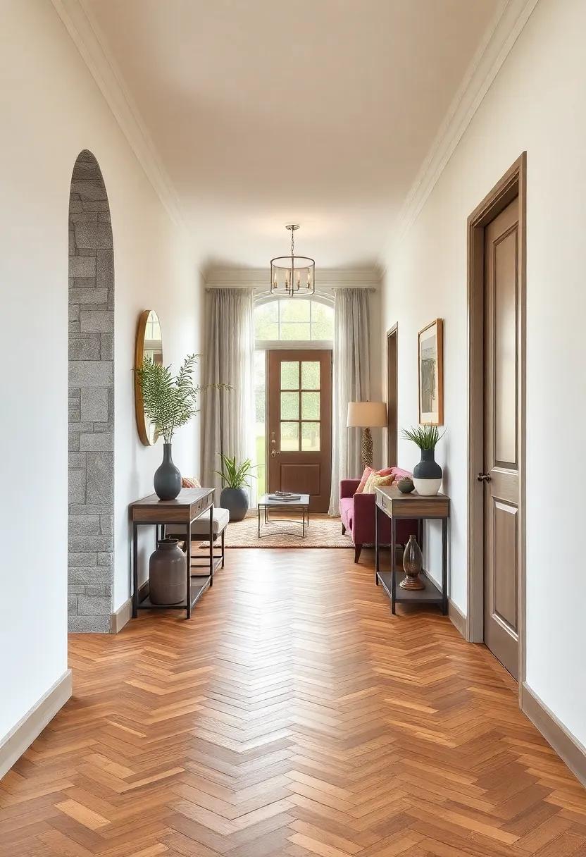 Stylish Hallway Featuring a Blend of Rustic and Modern Design Elements with Classic Herringbone Flooring as Focal Point