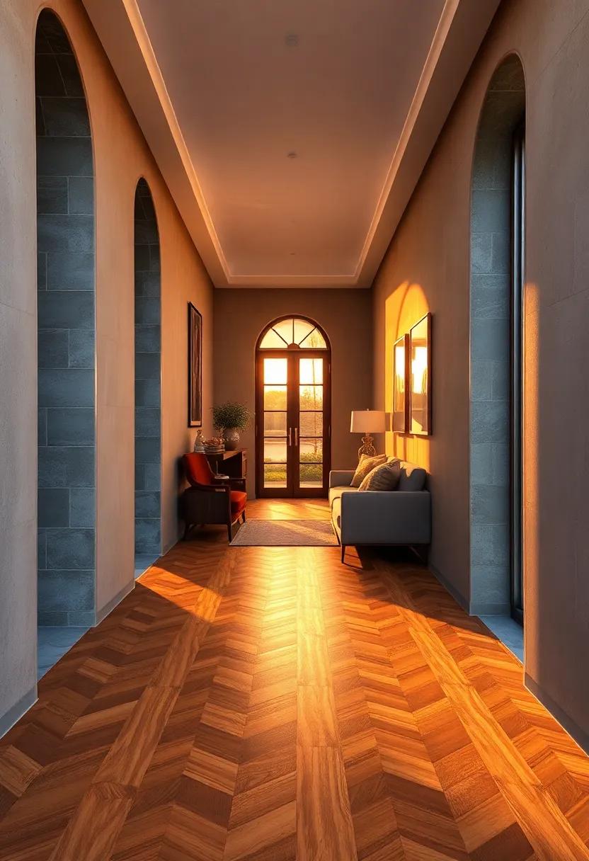 Sunset Glow Enhancing the Warm Undertones and Intricate Weaving of a Decorative Herringbone Wood Floor in a Narrow Hallway
