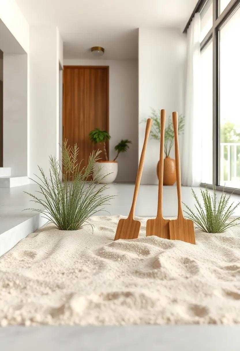 Curved Wooden Rakes Elegantly Positioned Beside Raked Sand, Symbolizing the Art of Creating Calm