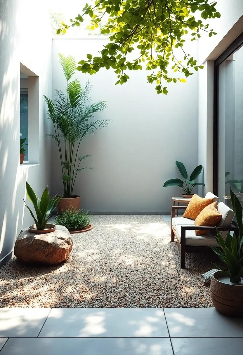 Sunlight Filtering Through Overhead Foliage Illuminating Patterns in a Front Yard Zen Space