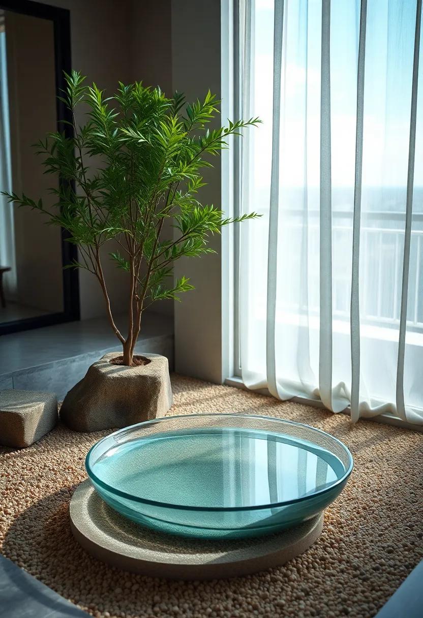 A Clear, Shallow Water Dish Reflecting the Sky Above in a Minimalist Zen Sand Garden