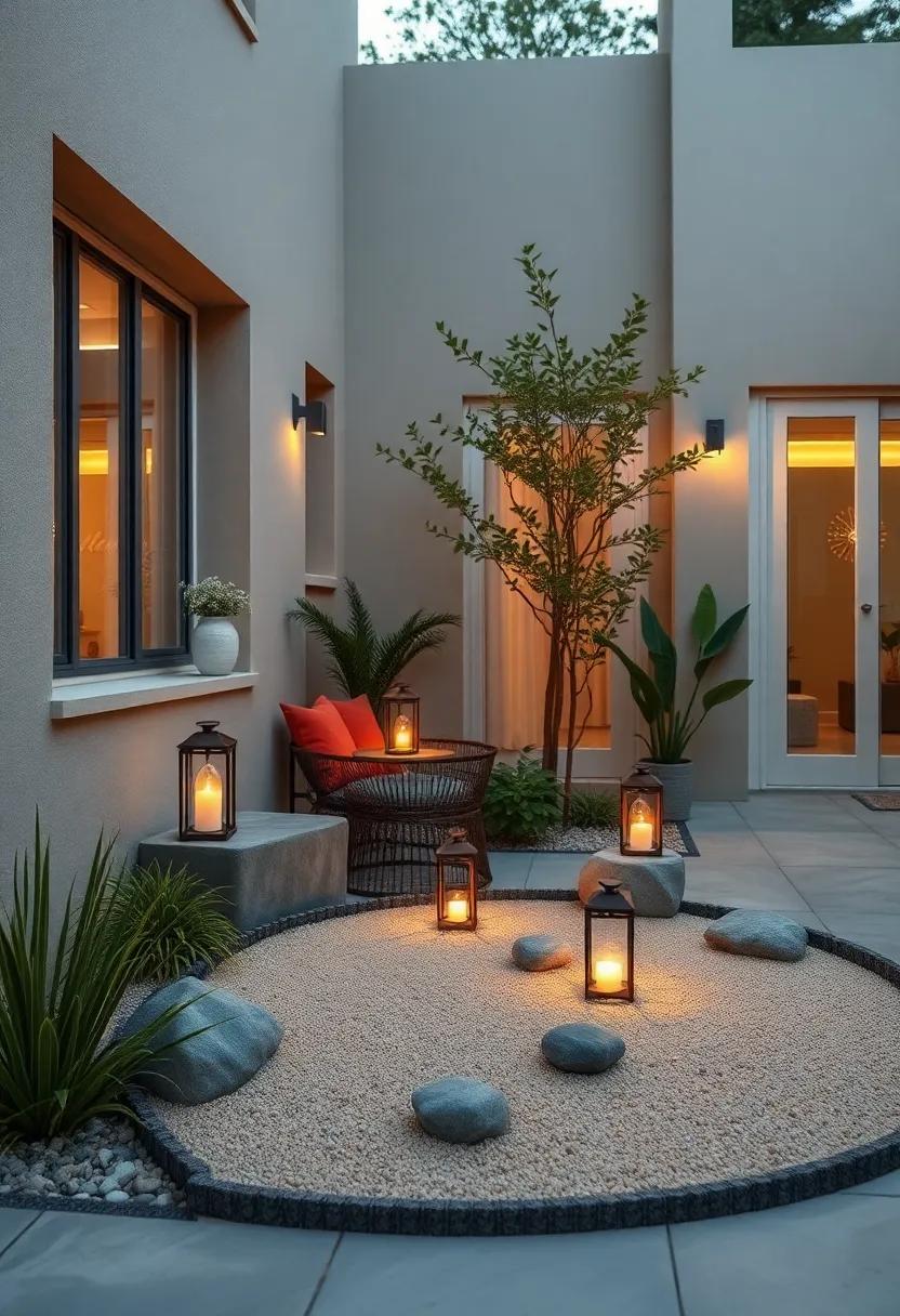 The Soft Glow of Lanterns Casting Warm Light on a Tranquil Front Yard Sanctuary at Dusk