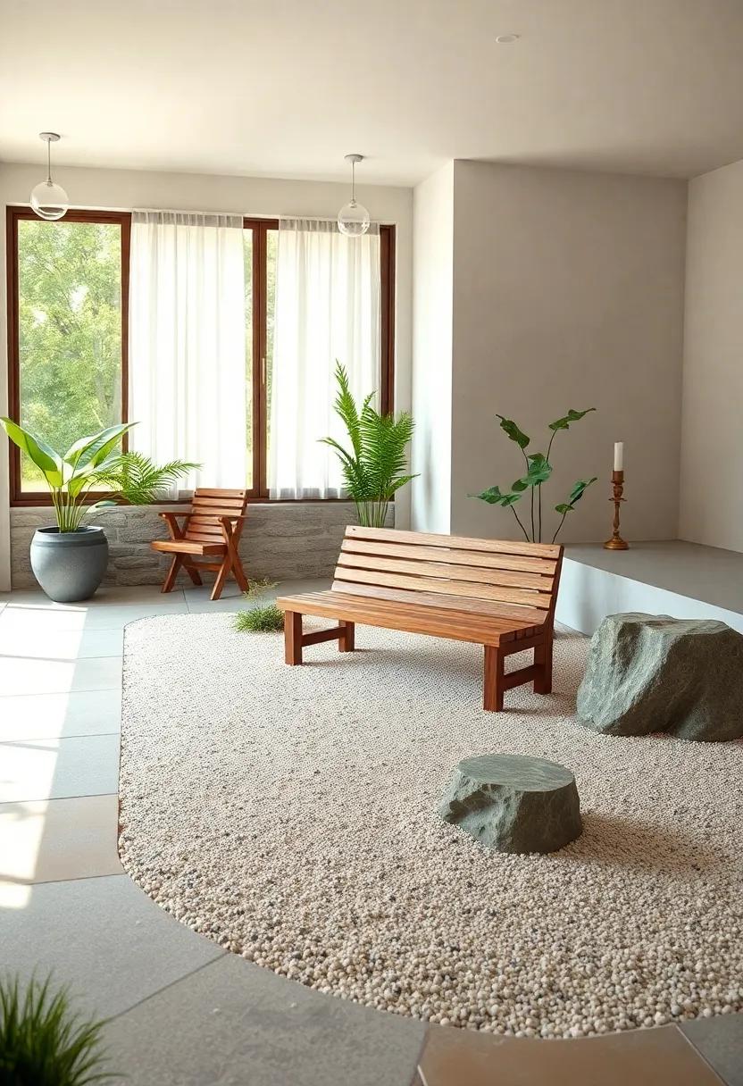 A Small Wooden Bench Inviting Rest and Contemplation Amid the Quiet of a Zen Garden