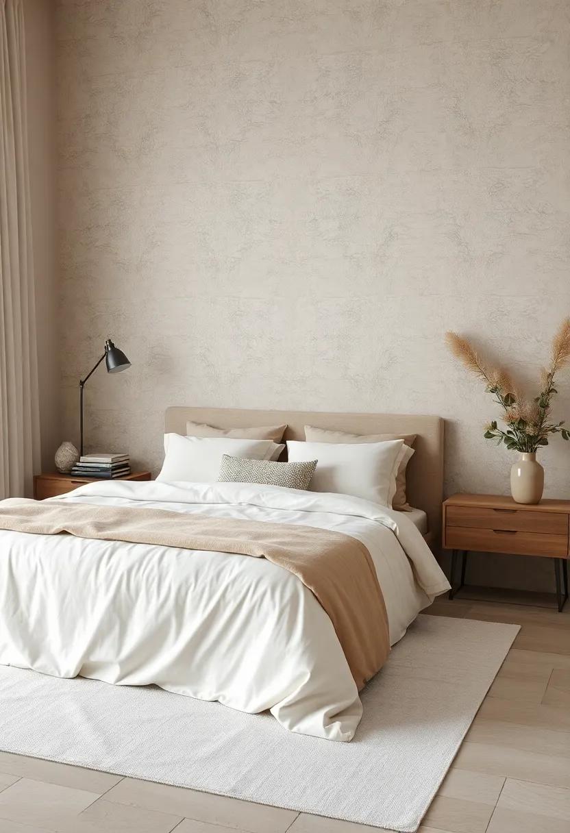 Bedroom Sanctuary With Textured Wallpaper and Plush Velvet Bedding in Ivory and Sandy Beige for a Serene Retreat