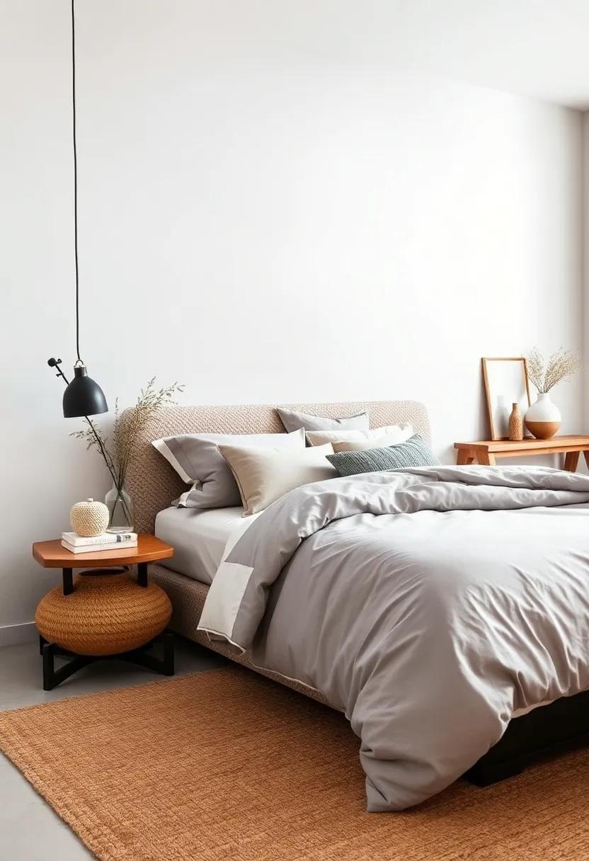Calm Space Highlighted by Handwoven Jute Carpet and Fluffy Duvet Cover in Warm Gray and Off-White Neutrals