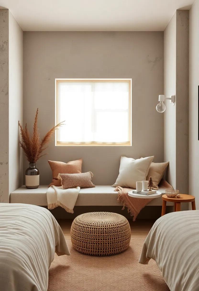 Cozy Reading Nook Framed by Linen Upholstered Bench and Woolen Cushions Bathed in Cream and Stone Tints