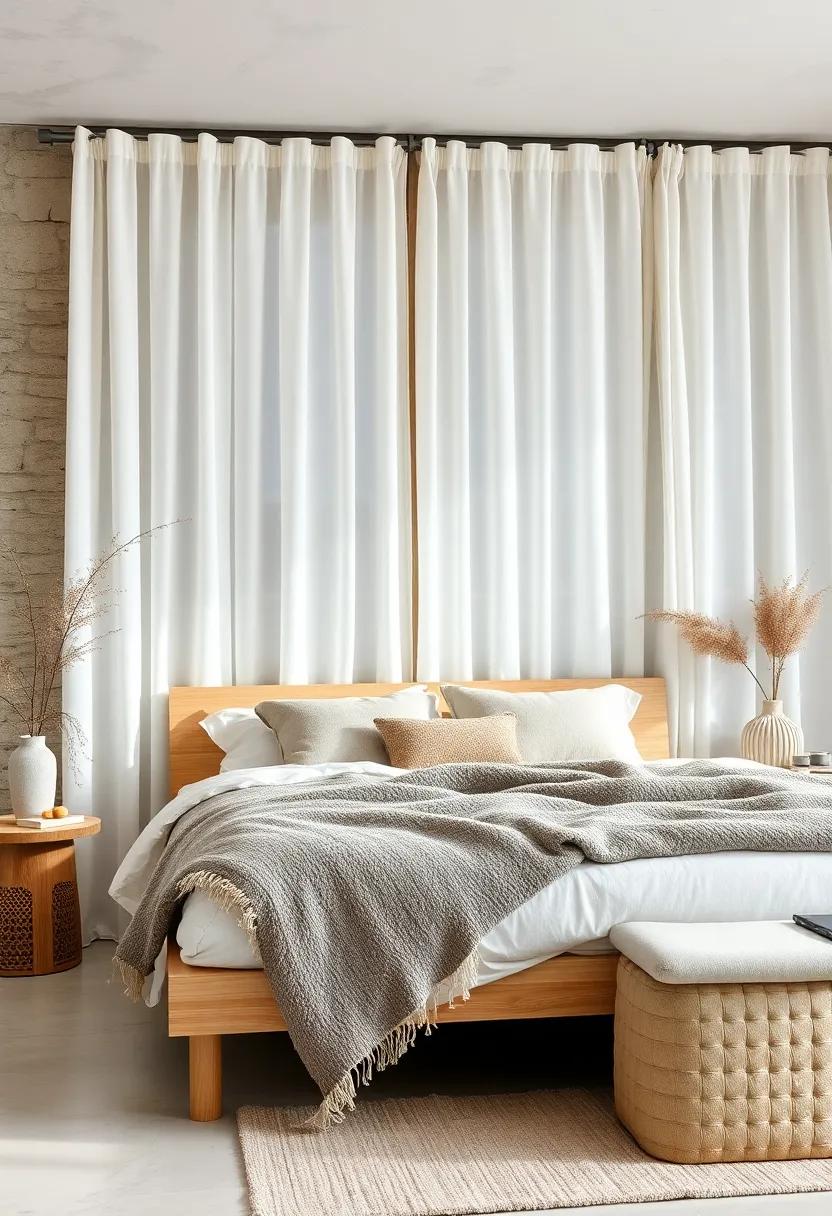 Inviting Bedroom Scene Showcasing Off-White Tulle Curtains Paired With Thick Alpaca Blankets on a Light Oak Bed Frame