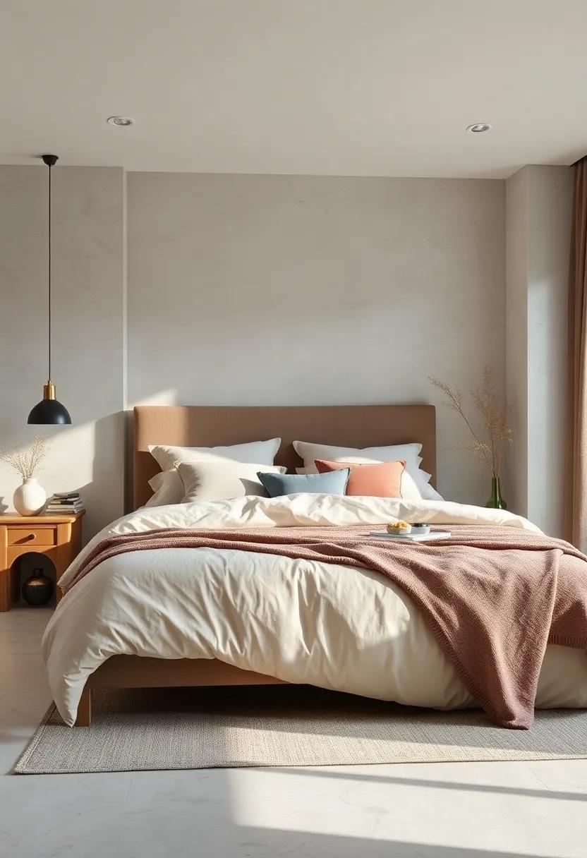 Luxe Textured Bedding of Cozy Cotton Blend and Velvet Cushions Juxtaposed With Pale Stone Walls for a Restful Space