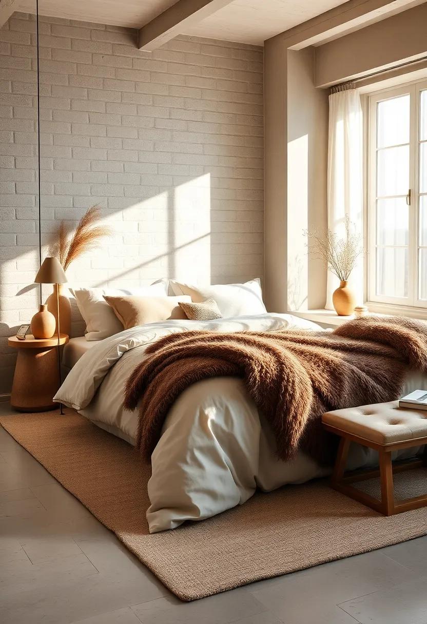Relaxed Neutral Bedroom Scene Showcasing Woven Cotton Bedding and Plush Mohair Throws Under Soft Morning Light