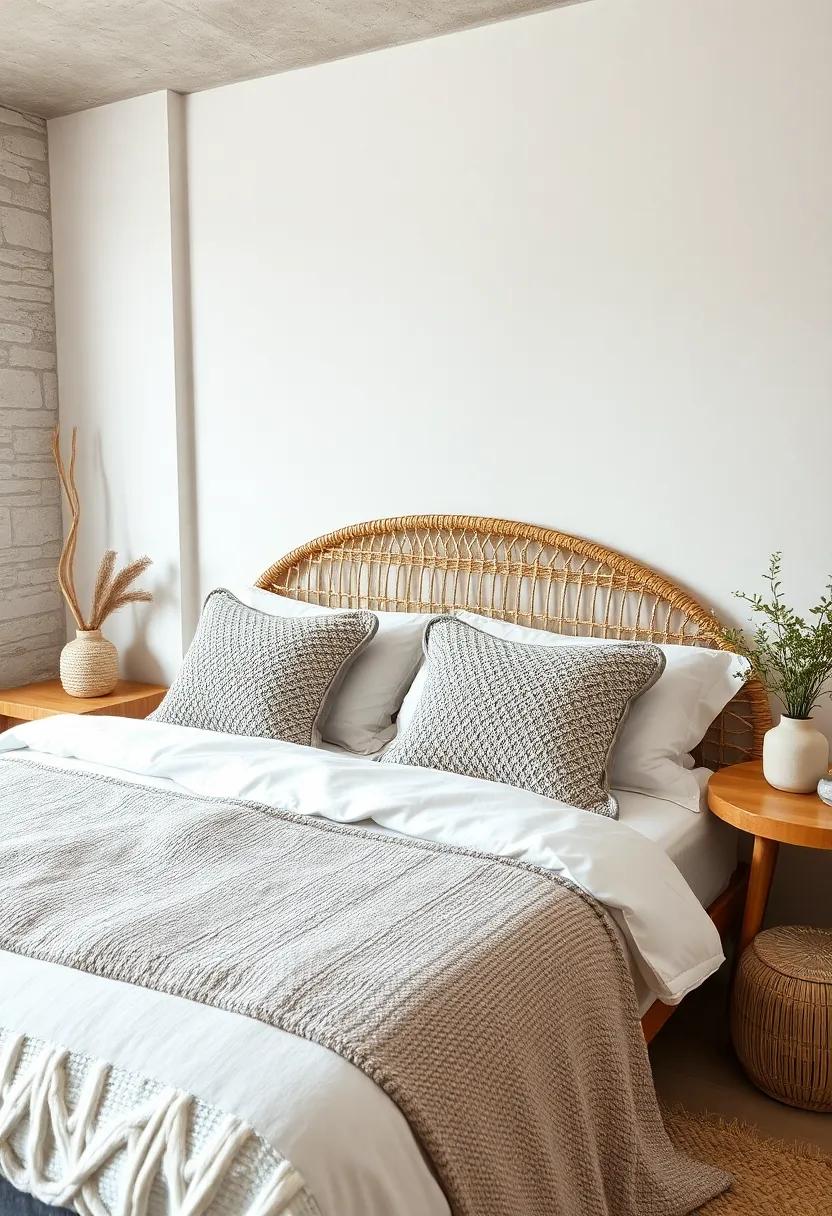 Serene Bedroom Retreat With Rattan Headboard and Organic Cotton Sheets Draped With Soft Knit Pillow Covers in Soft Grays