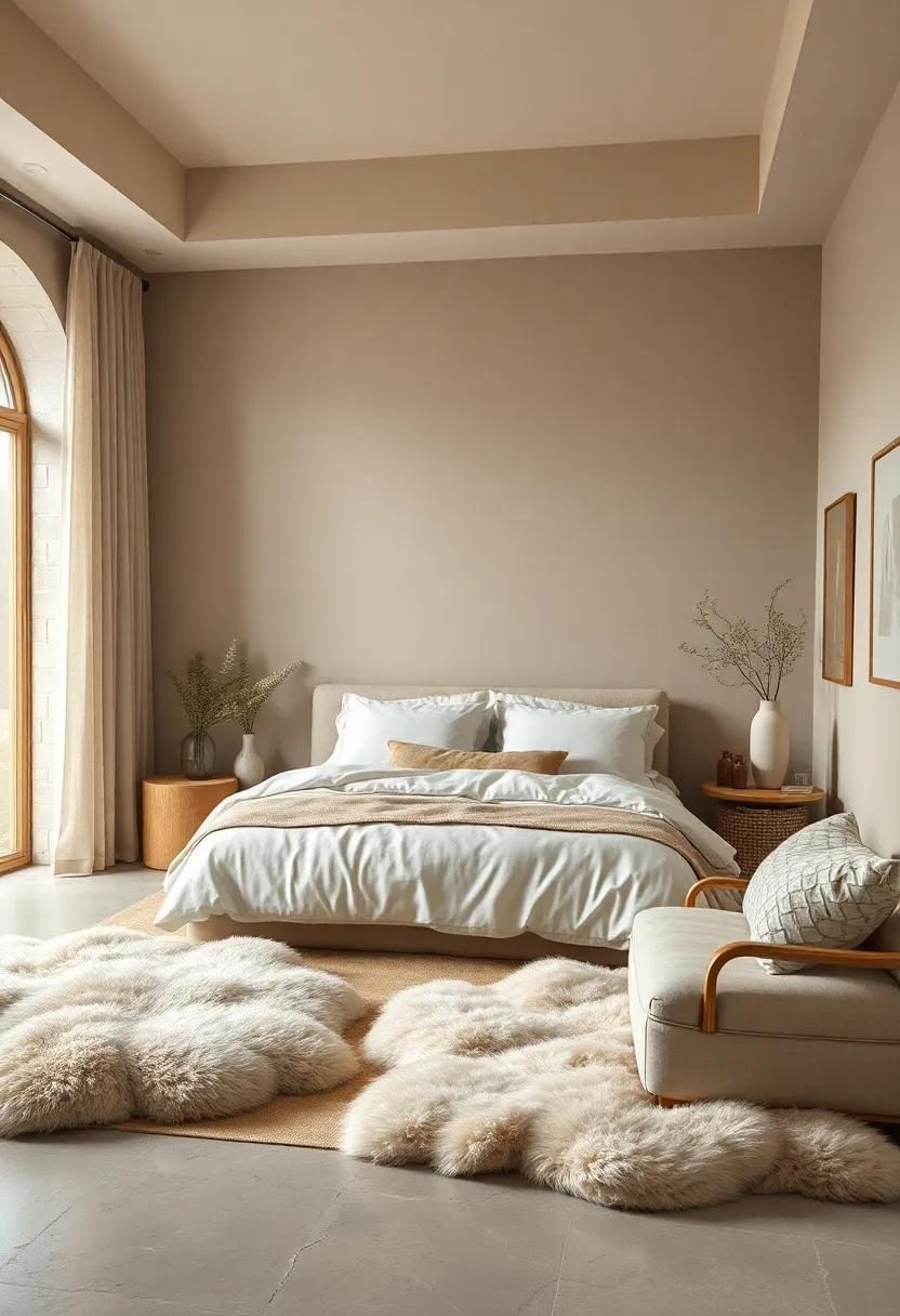 Warm Taupe Walls Complemented by Creamy Cotton Bedding and Sheepskin Rugs Creating a Tranquil Atmosphere of Comfort