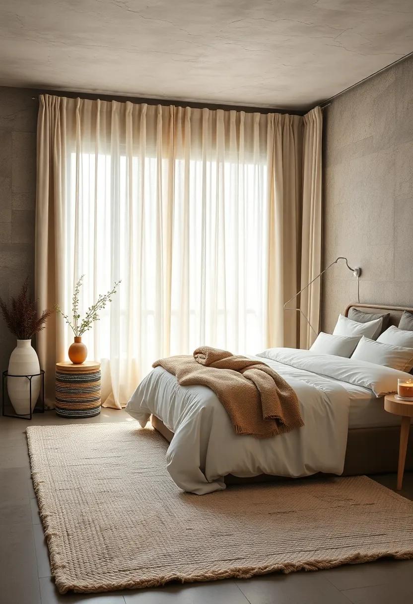 Whisper-Quiet Bedroom Featuring Linen Canvas Curtains and Thick Cotton Rugs in Faded Taupe and Dusty White Hues