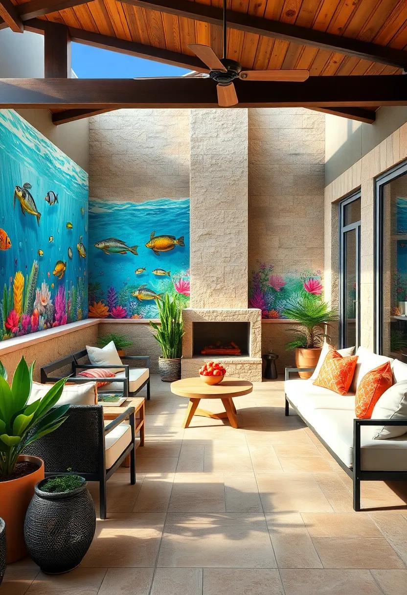 Oceanic Life Depictions Incorporating Coral Reefs, Tropical Fish, and Sea Turtles in Vivid Murals