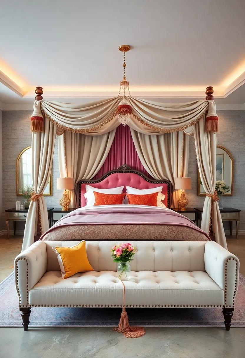 Classic Four-Poster Beds with Draped Fabrics and Decorative Tassels Enhancing Room Grandeur