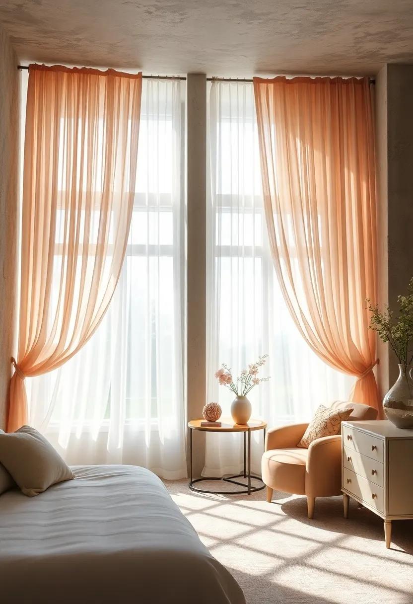 Flowing Tulle Curtains Framing Sunlit Windows in Soft Blush and Ivory Hues