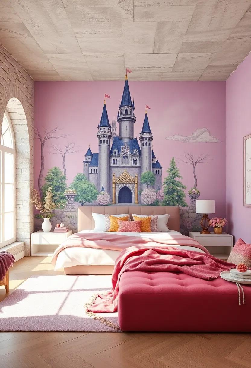 Lavender Walls Adorned with Hand-Painted Murals of Castle Towers and Enchanted Forests